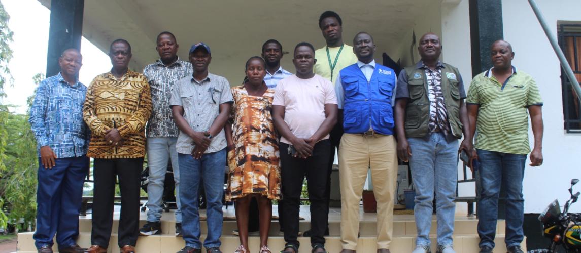 Representatives of the NOURISH Family Farms Project and partner institutions pose for a group photo with Dr. Arthur Bob Karnuah and the CARI team following the Joint Technical Working Group meeting focused on strengthening collaboration for organic agriculture, improved nutrition, and resilient livelihoods in Liberia.