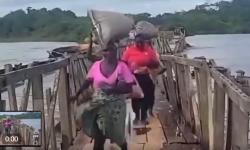 Torrenntial rains wiped away the wooden bridge over the Benson River, as floods from the Atlantic Ocean surged inland, cutting off access and endangering local farmers.